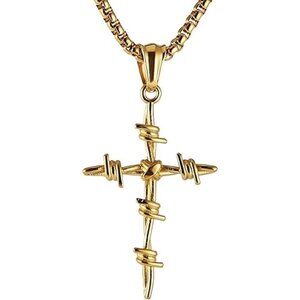 Gold Vintage Silver Nail Cross Punk Gothic Steel Barbed Wire Necklace 22+2